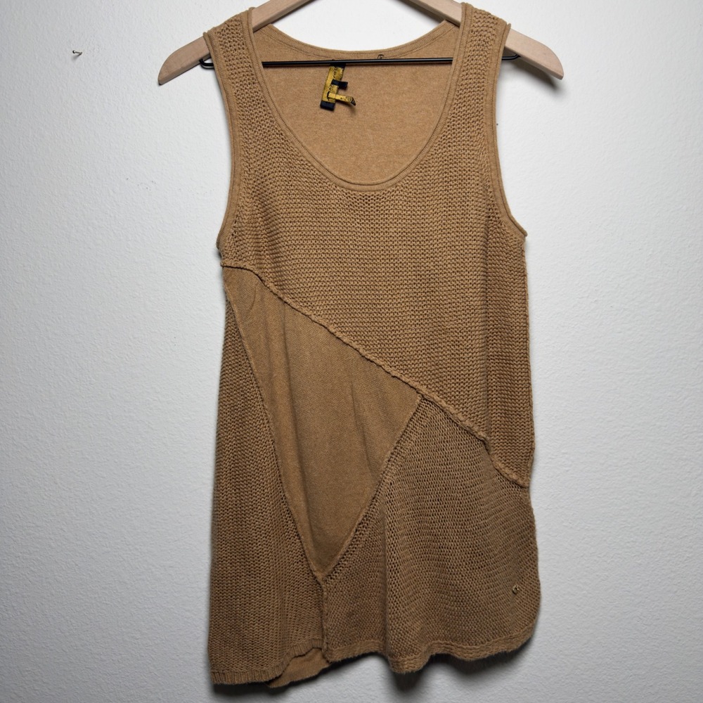 Donna Karan Women Linen Cotton Tunic Tank Top Medium Brown Patchwork Artsy Lagen